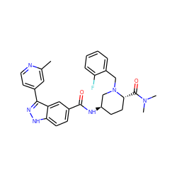 Cc1cc(-c2n[nH]c3ccc(C(=O)N[C@@H]4CC[C@@H](C(=O)N(C)C)N(Cc5ccccc5F)C4)cc23)ccn1 ZINC000205036834