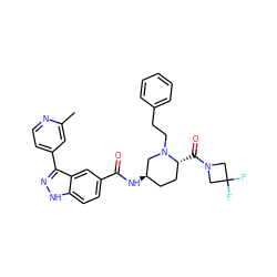 Cc1cc(-c2n[nH]c3ccc(C(=O)N[C@@H]4CC[C@@H](C(=O)N5CC(F)(F)C5)N(CCc5ccccc5)C4)cc23)ccn1 ZINC000205008597