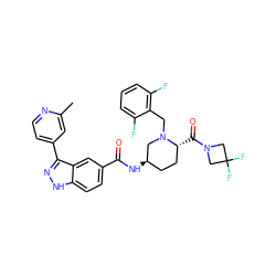 Cc1cc(-c2n[nH]c3ccc(C(=O)N[C@@H]4CC[C@@H](C(=O)N5CC(F)(F)C5)N(Cc5c(F)cccc5F)C4)cc23)ccn1 ZINC000205037248