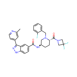 Cc1cc(-c2n[nH]c3ccc(C(=O)N[C@@H]4CC[C@@H](C(=O)N5CC(F)(F)C5)N(Cc5ccccc5F)C4)cc23)ccn1 ZINC000205011657