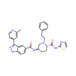 Cc1cc(-c2n[nH]c3ccc(C(=O)N[C@@H]4CC[C@@H](C(=O)Nc5nccs5)N(CCc5ccccc5)C4)cc23)ccn1 ZINC000199804964