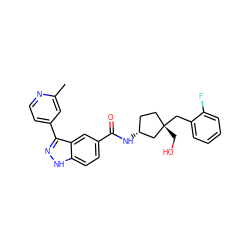 Cc1cc(-c2n[nH]c3ccc(C(=O)N[C@@H]4CC[C@](CO)(Cc5ccccc5F)C4)cc23)ccn1 ZINC000203719214