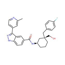 Cc1cc(-c2n[nH]c3ccc(C(=O)N[C@@H]4CCC[C@@](CO)(Cc5ccc(F)cc5)C4)cc23)ccn1 ZINC000149336751