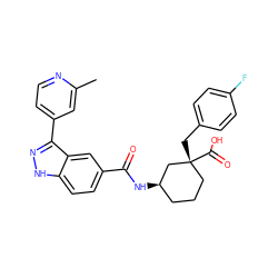 Cc1cc(-c2n[nH]c3ccc(C(=O)N[C@@H]4CCC[C@@](Cc5ccc(F)cc5)(C(=O)O)C4)cc23)ccn1 ZINC000215988425