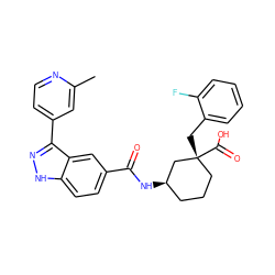 Cc1cc(-c2n[nH]c3ccc(C(=O)N[C@@H]4CCC[C@@](Cc5ccccc5F)(C(=O)O)C4)cc23)ccn1 ZINC000219456385