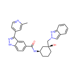 Cc1cc(-c2n[nH]c3ccc(C(=O)N[C@@H]4CCC[C@@](O)(Cn5cc6ccccc6n5)C4)cc23)ccn1 ZINC000200842680