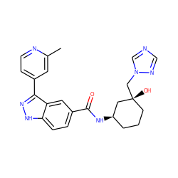 Cc1cc(-c2n[nH]c3ccc(C(=O)N[C@@H]4CCC[C@@](O)(Cn5cncn5)C4)cc23)ccn1 ZINC000200819903