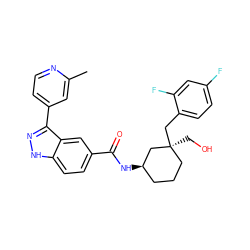 Cc1cc(-c2n[nH]c3ccc(C(=O)N[C@@H]4CCC[C@](CO)(Cc5ccc(F)cc5F)C4)cc23)ccn1 ZINC000217729674