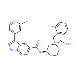 Cc1cc(-c2n[nH]c3ccc(C(=O)N[C@@H]4CCC[C@](CO)(Cc5ccccc5F)C4)cc23)ccn1 ZINC000219456064