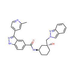 Cc1cc(-c2n[nH]c3ccc(C(=O)N[C@@H]4CCC[C@](O)(Cn5cc6ccccc6n5)C4)cc23)ccn1 ZINC000200838816