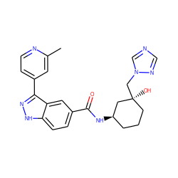 Cc1cc(-c2n[nH]c3ccc(C(=O)N[C@@H]4CCC[C@](O)(Cn5cncn5)C4)cc23)ccn1 ZINC000200819873