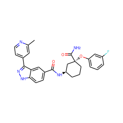 Cc1cc(-c2n[nH]c3ccc(C(=O)N[C@@H]4CCC[C@](Oc5cccc(F)c5)(C(N)=O)C4)cc23)ccn1 ZINC000200809722