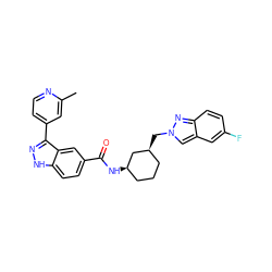 Cc1cc(-c2n[nH]c3ccc(C(=O)N[C@@H]4CCC[C@H](Cn5cc6cc(F)ccc6n5)C4)cc23)ccn1 ZINC000203718879