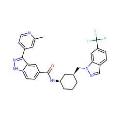 Cc1cc(-c2n[nH]c3ccc(C(=O)N[C@@H]4CCC[C@H](Cn5ncc6ccc(C(F)(F)F)cc65)C4)cc23)ccn1 ZINC000217705274