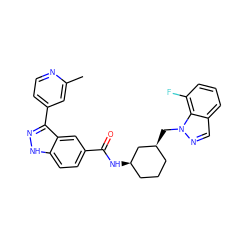 Cc1cc(-c2n[nH]c3ccc(C(=O)N[C@@H]4CCC[C@H](Cn5ncc6cccc(F)c65)C4)cc23)ccn1 ZINC000219515162