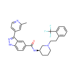 Cc1cc(-c2n[nH]c3ccc(C(=O)N[C@@H]4CCCN(CCc5ccccc5C(F)(F)F)C4)cc23)ccn1 ZINC000147681746