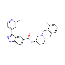 Cc1cc(-c2n[nH]c3ccc(C(=O)N[C@@H]4CCCN(Cc5c(C)cccc5C)C4)cc23)ccn1 ZINC000199806257