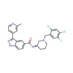 Cc1cc(-c2n[nH]c3ccc(C(=O)N[C@@H]4CCCN(Cc5cc(F)c(Cl)cc5Cl)C4)cc23)ccn1 ZINC000147824363