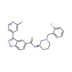 Cc1cc(-c2n[nH]c3ccc(C(=O)N[C@@H]4CCCN(Cc5ccccc5Cl)C4)cc23)ccn1 ZINC000147800199