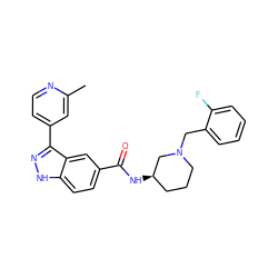 Cc1cc(-c2n[nH]c3ccc(C(=O)N[C@@H]4CCCN(Cc5ccccc5F)C4)cc23)ccn1 ZINC000147780614