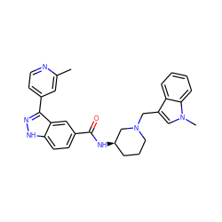 Cc1cc(-c2n[nH]c3ccc(C(=O)N[C@@H]4CCCN(Cc5cn(C)c6ccccc56)C4)cc23)ccn1 ZINC000147659325