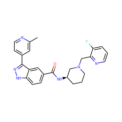 Cc1cc(-c2n[nH]c3ccc(C(=O)N[C@@H]4CCCN(Cc5ncccc5F)C4)cc23)ccn1 ZINC000147778470