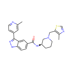 Cc1cc(-c2n[nH]c3ccc(C(=O)N[C@@H]4CCCN(Cc5scnc5C)C4)cc23)ccn1 ZINC000147778707