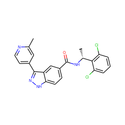 Cc1cc(-c2n[nH]c3ccc(C(=O)N[C@H](C)c4c(Cl)cccc4Cl)cc23)ccn1 ZINC000653851661