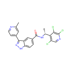 Cc1cc(-c2n[nH]c3ccc(C(=O)N[C@H](C)c4c(Cl)cnc(Cl)c4Cl)cc23)ccn1 ZINC000653852939