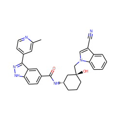 Cc1cc(-c2n[nH]c3ccc(C(=O)N[C@H]4CCC[C@@](O)(Cn5cc(C#N)c6ccccc65)C4)cc23)ccn1 ZINC000200842733