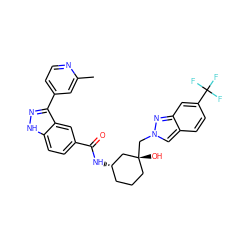 Cc1cc(-c2n[nH]c3ccc(C(=O)N[C@H]4CCC[C@@](O)(Cn5cc6ccc(C(F)(F)F)cc6n5)C4)cc23)ccn1 ZINC000200850838