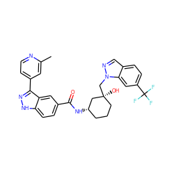 Cc1cc(-c2n[nH]c3ccc(C(=O)N[C@H]4CCC[C@](O)(Cn5ncc6ccc(C(F)(F)F)cc65)C4)cc23)ccn1 ZINC000200850888