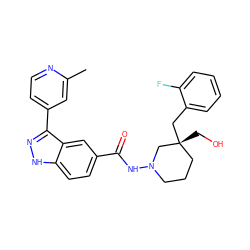 Cc1cc(-c2n[nH]c3ccc(C(=O)NN4CCC[C@@](CO)(Cc5ccccc5F)C4)cc23)ccn1 ZINC000149142891