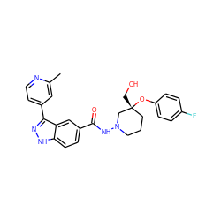 Cc1cc(-c2n[nH]c3ccc(C(=O)NN4CCC[C@@](CO)(Oc5ccc(F)cc5)C4)cc23)ccn1 ZINC000217703027