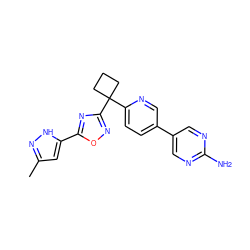 Cc1cc(-c2nc(C3(c4ccc(-c5cnc(N)nc5)cn4)CCC3)no2)[nH]n1 ZINC000114768195