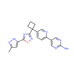 Cc1cc(-c2nc(C3(c4ccc(-c5cnc(N)nc5)nc4)CCC3)no2)[nH]n1 ZINC000114768188