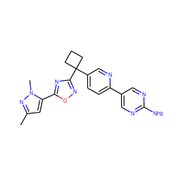 Cc1cc(-c2nc(C3(c4ccc(-c5cnc(N)nc5)nc4)CCC3)no2)n(C)n1 ZINC000096175526
