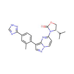 Cc1cc(-c2nc[nH]n2)ccc1-c1cnn2ccc(N3C(=O)OC[C@@H]3C(C)C)nc12 ZINC000116185370