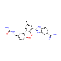 Cc1cc(-c2nc3cc(C(=N)N)ccc3[nH]2)c(O)c(-c2cc(CNC(N)=O)ccc2O)c1 ZINC000034804689