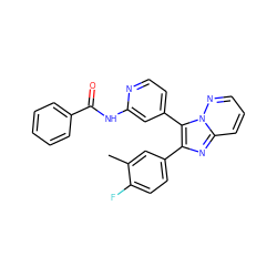 Cc1cc(-c2nc3cccnn3c2-c2ccnc(NC(=O)c3ccccc3)c2)ccc1F ZINC000147214273