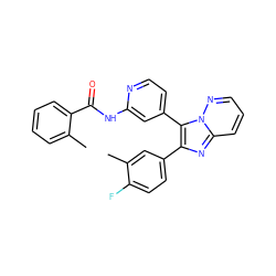 Cc1cc(-c2nc3cccnn3c2-c2ccnc(NC(=O)c3ccccc3C)c2)ccc1F ZINC000146279950