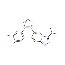 Cc1cc(-c2ncoc2-c2ccc3nnc(C(C)C)n3c2)ccc1F ZINC000014961160