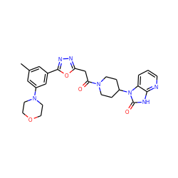 Cc1cc(-c2nnc(CC(=O)N3CCC(n4c(=O)[nH]c5ncccc54)CC3)o2)cc(N2CCOCC2)c1 ZINC000045387286