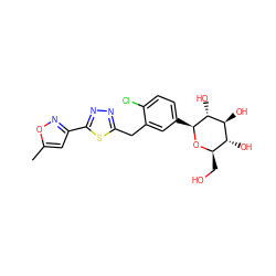 Cc1cc(-c2nnc(Cc3cc([C@@H]4O[C@H](CO)[C@@H](O)[C@H](O)[C@H]4O)ccc3Cl)s2)no1 ZINC000045336005