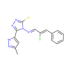 Cc1cc(-c2nnc(S)n2/N=C/C(Cl)=C/c2ccccc2)[nH]n1 ZINC000018209369