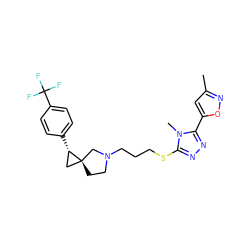 Cc1cc(-c2nnc(SCCCN3CC[C@]4(C[C@@H]4c4ccc(C(F)(F)F)cc4)C3)n2C)on1 ZINC001772623398