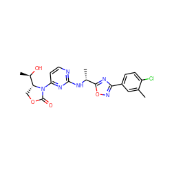 Cc1cc(-c2noc([C@@H](C)Nc3nccc(N4C(=O)OC[C@@H]4[C@@H](C)O)n3)n2)ccc1Cl ZINC000221680902