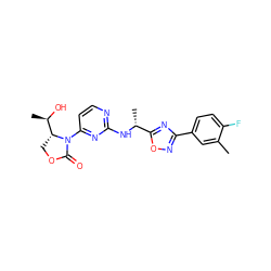 Cc1cc(-c2noc([C@@H](C)Nc3nccc(N4C(=O)OC[C@@H]4[C@@H](C)O)n3)n2)ccc1F ZINC000221669412