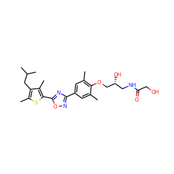 Cc1cc(-c2noc(-c3sc(C)c(CC(C)C)c3C)n2)cc(C)c1OC[C@H](O)CNC(=O)CO ZINC000103257899