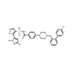 Cc1cc(-c2oncc2S(=O)(=O)NC(=O)c2ccc(N3CCN(Cc4ccccc4-c4ccc(Cl)cc4)CC3)cc2)n(C)n1 ZINC000116984348